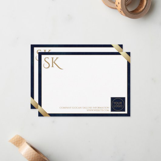 ビジネスロゴラグジュアリーネイビーレザー ノートカード (正面/裏面インサイチュ)