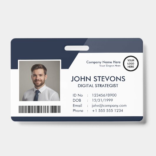 ビジネスロゴ従業員名海軍ブルーQrコード バッジ (表面)