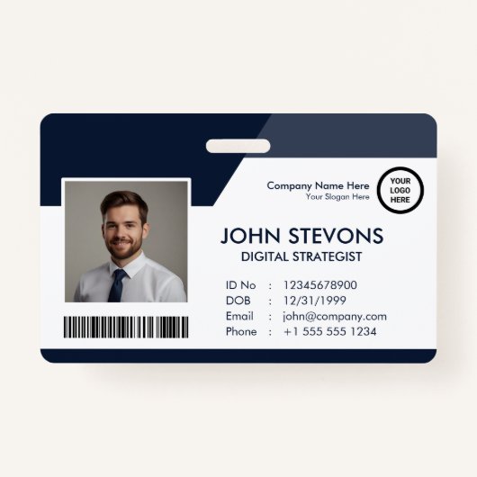 ビジネスロゴ従業員名海軍ブルーQrコード バッジ (正面)