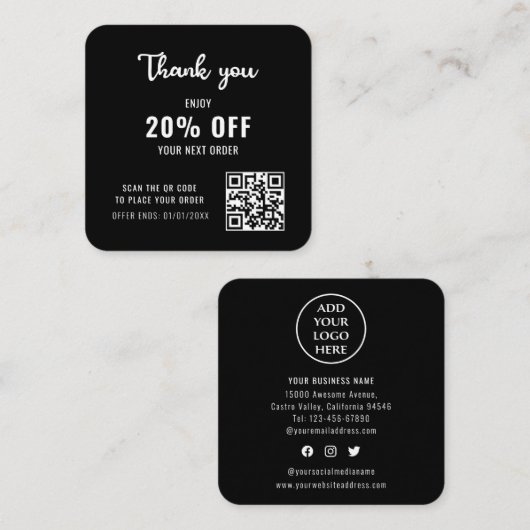 ビジネスロゴ白黒モダンQRコードロイヤリティ 割引カード (正面/裏面)
