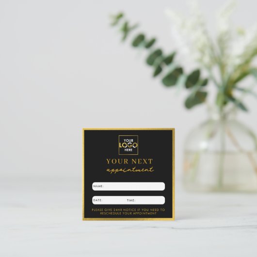 ビジネスロゴ美しいアポイントメントカードブラック金ゴールド スクエア名刺 (スタンド正面)