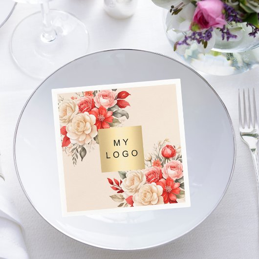 ビジネスロゴ赤アイボリー花模様ベージュクリーム スタンダードカクテルナプキン