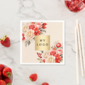 ビジネスロゴ赤アイボリー花模様ベージュクリーム スタンダードカクテルナプキン (インサイチュ)