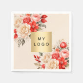 ビジネスロゴ赤アイボリー花模様ベージュクリーム スタンダードカクテルナプキン (正面)