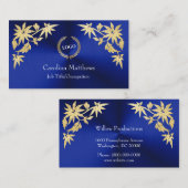 ビジネスロゴ金箔フラワーコーナー青 名刺 (正面/裏面)