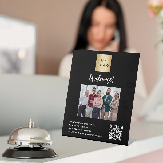 ビジネスロゴ黒い写真ようこそQRコード 台座サイン