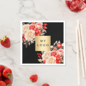 ビジネスロゴ黒い赤いアイボリー花模様 スタンダードカクテルナプキン (インサイチュ)