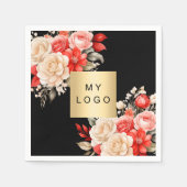 ビジネスロゴ黒い赤いアイボリー花模様 スタンダードカクテルナプキン (正面)