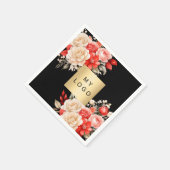 ビジネスロゴ黒い赤いアイボリー花模様 スタンダードカクテルナプキン (角)