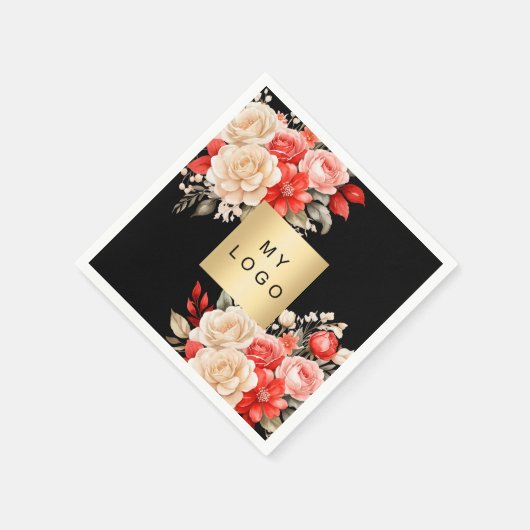 ビジネスロゴ黒い赤いアイボリー花模様 スタンダードカクテルナプキン (角)