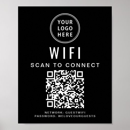ビジネスロゴ WiFi ネットワーク QR コード 黒 ポスター (正面)