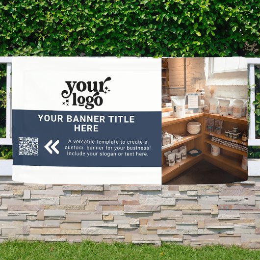 ビジネスロゴNavy Blue QRコーモダンドフォト 横断幕