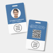 ビジネスロゴQRコード従業員の写真ID青 バッジ (正面＆裏面)