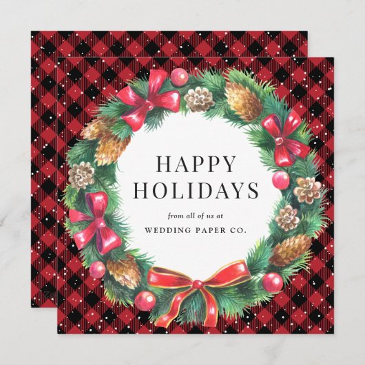 ビジネス企業のレッドプレイドスノークリスマスリース シーズンカード (正面/裏面)