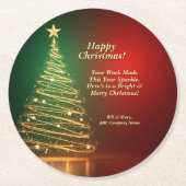 ビジネス名メッセージグリーンクリスマスツリー ラウンドペーパーコースター (正面)