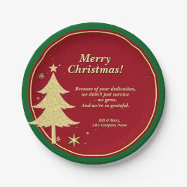 ビジネス名メッセージレッド、金ゴールドクリスマスツリー7" ペーパープレート
