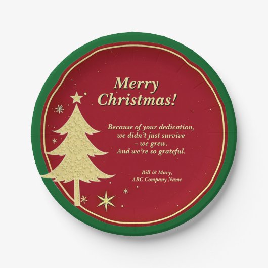 ビジネス名メッセージレッド、金ゴールドクリスマスツリー7" ペーパープレート (正面)
