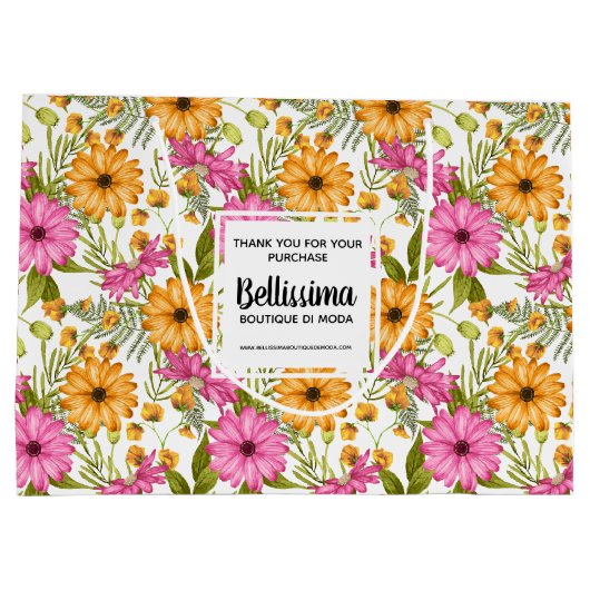 ビジネス名モダンイエローピンクフローラ ラージペーパーバッグ (裏面)