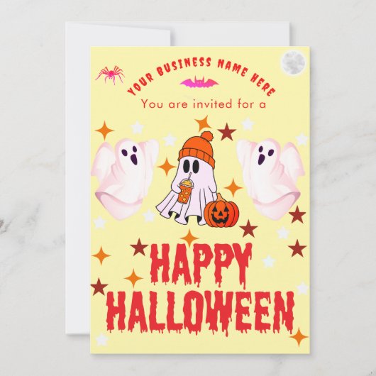 ビジネス名ロゴと可愛いお化けのハロウィンカスタムデザイン 招待状 (正面)