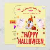 ビジネス名ロゴと可愛いお化けのハロウィンカスタムデザイン 招待状 (正面/裏面)