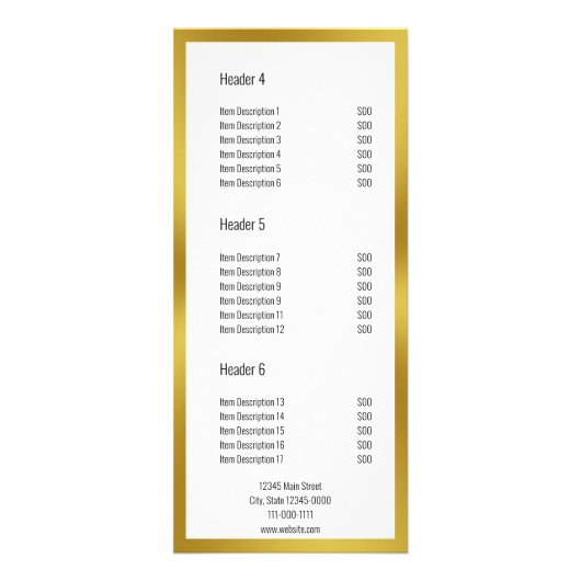 ビジネス名白およびフェイク金ゴールド価格表 ラックカード (裏面)