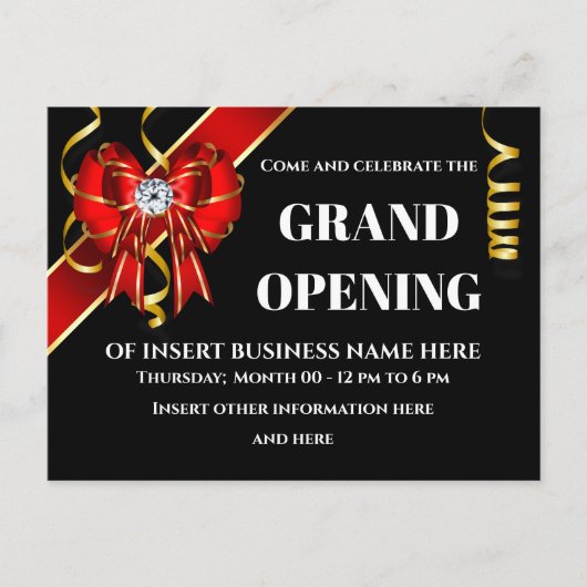 ビジネス大開き赤金ゴールド黒リボン 案内ポストカード (正面)