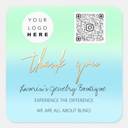 ビジネス感謝してい名ロゴQrショップブルーミントグリーン スクエアシール (正面)