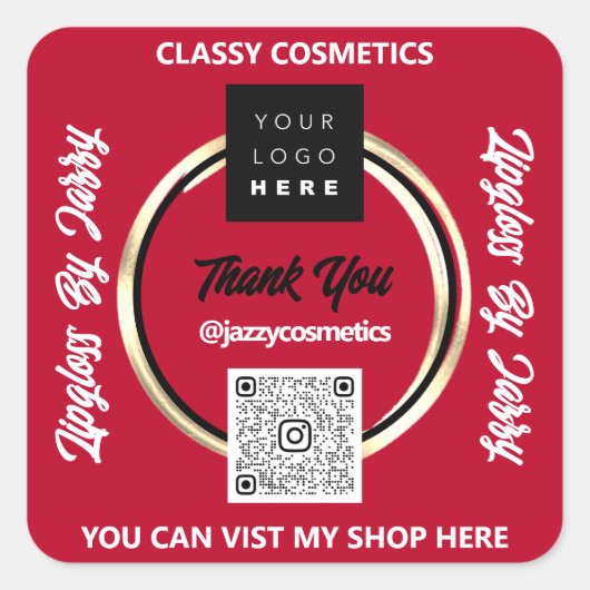 ビジネス感謝していQRコードロゴゴールデンサークルフレーム赤 スクエアシール (正面)