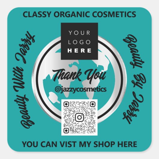 ビジネス感謝していQRコードロゴシルバーマップグローブティール（緑がかった色） スクエアシール (正面)