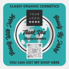 ビジネス感謝していQRコードロゴシルバーマップグローブティール(緑がかった色) スクエアシール