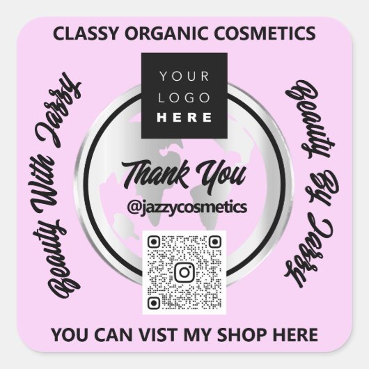 ビジネス感謝していQRコードロゴシルバーマップグローブピンク スクエアシール (正面)