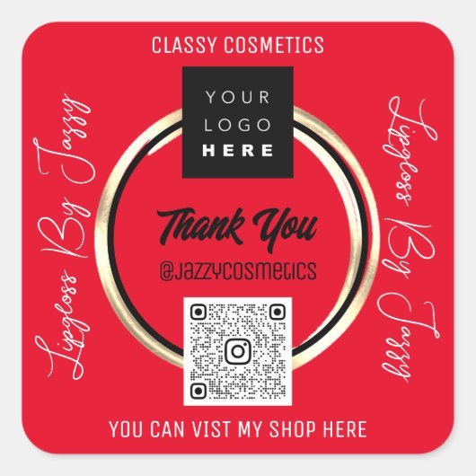 ビジネス感謝していQRコードロゴスキャン赤金ゴールド スクエアシール (正面)