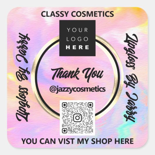 ビジネス感謝していQRコードロゴピンクのホログラフィックスキャン スクエアシール (正面)