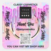 ビジネス感謝していQRコードロゴピンクのホログラフィックドライブ スクエアシール (正面)