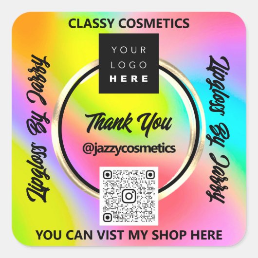 ビジネス感謝していQRコードロゴピンクホログラフピンク スクエアシール (正面)