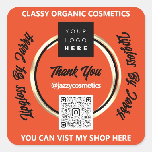 ビジネス感謝していQRコードロゴ金ゴールドオレンジ スクエアシール (正面)