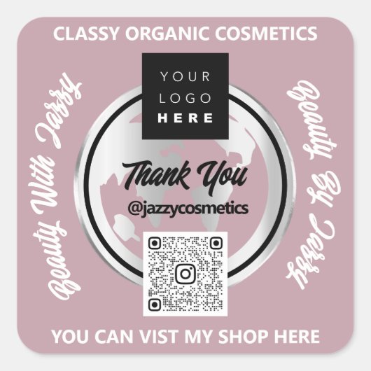 ビジネス感謝していQRコードロゴ金ゴールドMAPグローブバラ スクエアシール (正面)