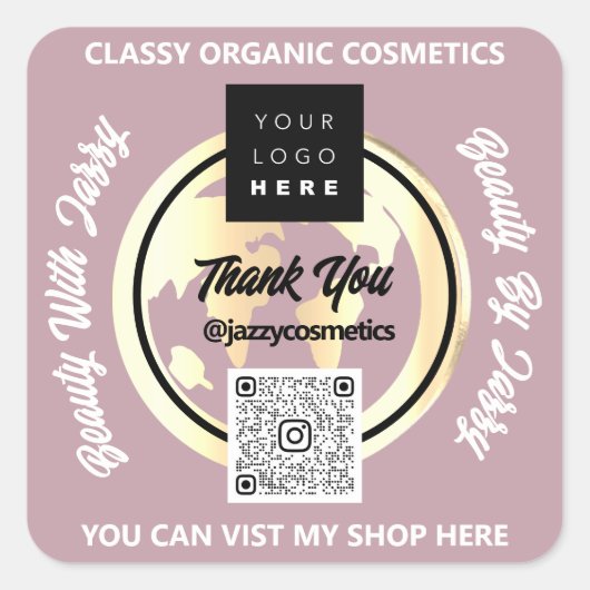 ビジネス感謝していQRコードロゴ金ゴールドMAPグローブ スクエアシール (正面)