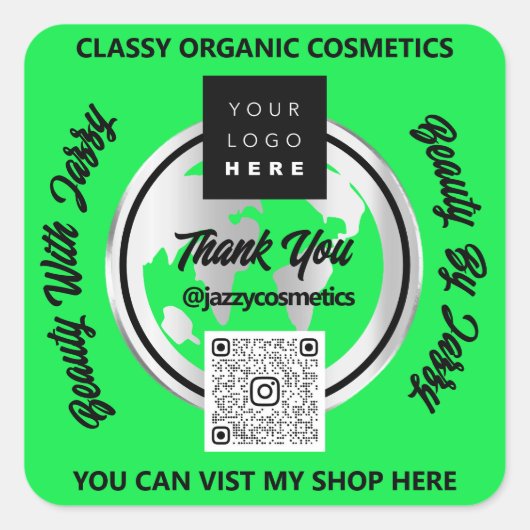 ビジネス感謝していQRCodeロゴシルバーマップグローブグリーン スクエアシール (正面)