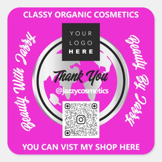 ビジネス感謝していQRCodeロゴシルバーマップグローブショップ スクエアシール (正面)