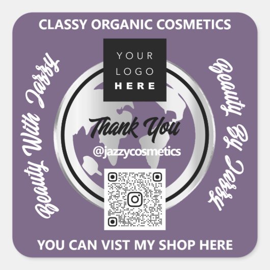 ビジネス感謝していQRCodeロゴシルバーマップグローブパープル スクエアシール (正面)