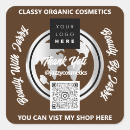 ビジネス感謝していQRCodeロゴシルバーマップグローブブラウン スクエアシール