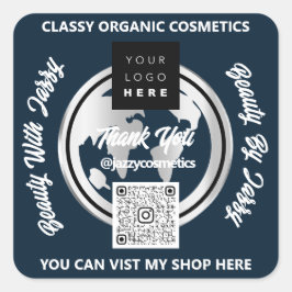 ビジネス感謝していQRCodeロゴシルバーマップグローブ海軍 スクエアシール