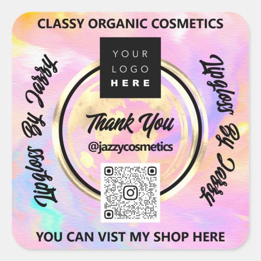 ビジネス感謝していQRCodeロゴWorld Earth Holographic スクエアシール (正面)