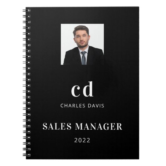 ビジネス用の黒と白のイニシャル写真 ノートブック (正面)