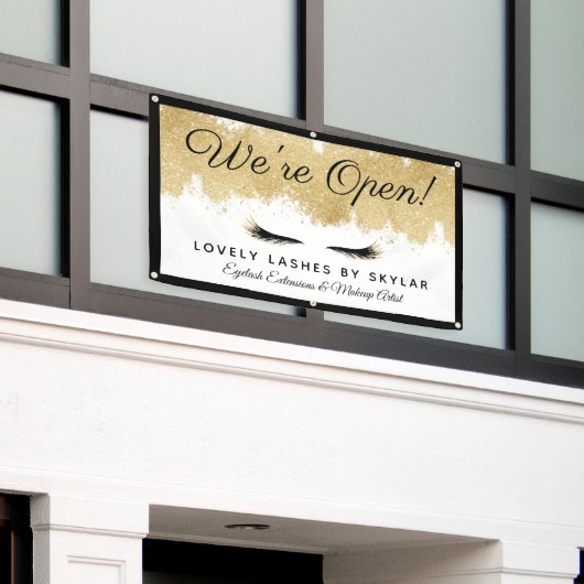 ビジネス用オープン金ゴールドブラックまつげ美しいサロン 横断幕 (ビルの外側)