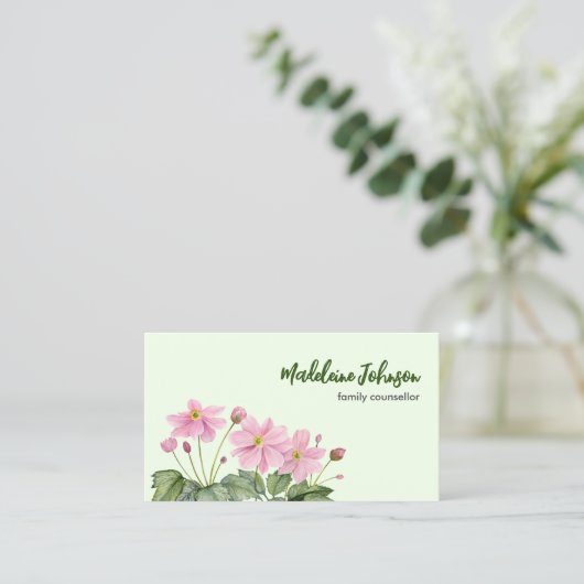 ビジネス用水彩やさしいピンクのアネモ日本のン 名刺 (スタンド正面)