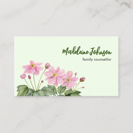 ビジネス用水彩やさしいピンクのアネモ日本のン 名刺 (正面)