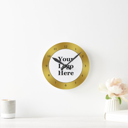 ビジネス白黒金ゴールドロゴはこちらテンプレート ラウンド壁時計 (ホーム)