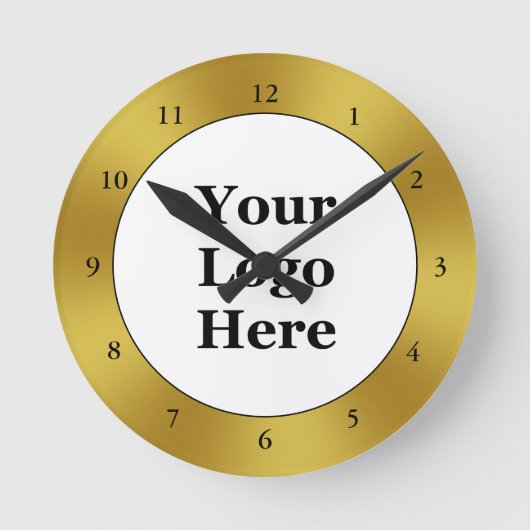 ビジネス白黒金ゴールドロゴはこちらテンプレート ラウンド壁時計 (正面)